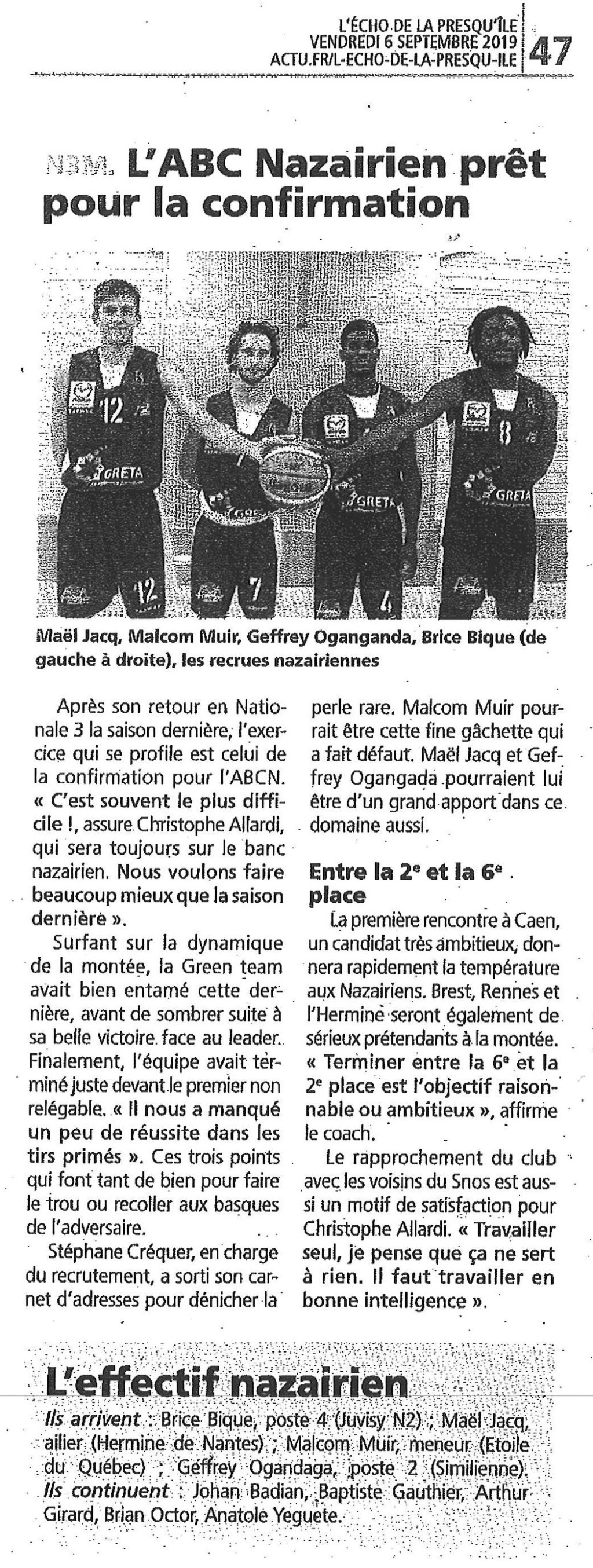 Echo de la Presqu&rsquo;ile du 06/09/19 – L&rsquo;ABCN prêt pour la&nbsp;confirmation