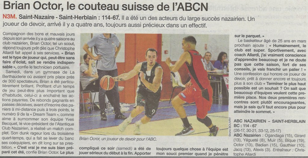 Ouest-France du 23/09/19 – Brian Octor le couteau suisse de&nbsp;l&rsquo;ABCN
