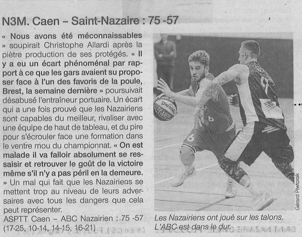 Ouest-France du 18/11/19 : Caen – Saint-Nazaire :&nbsp;75-57