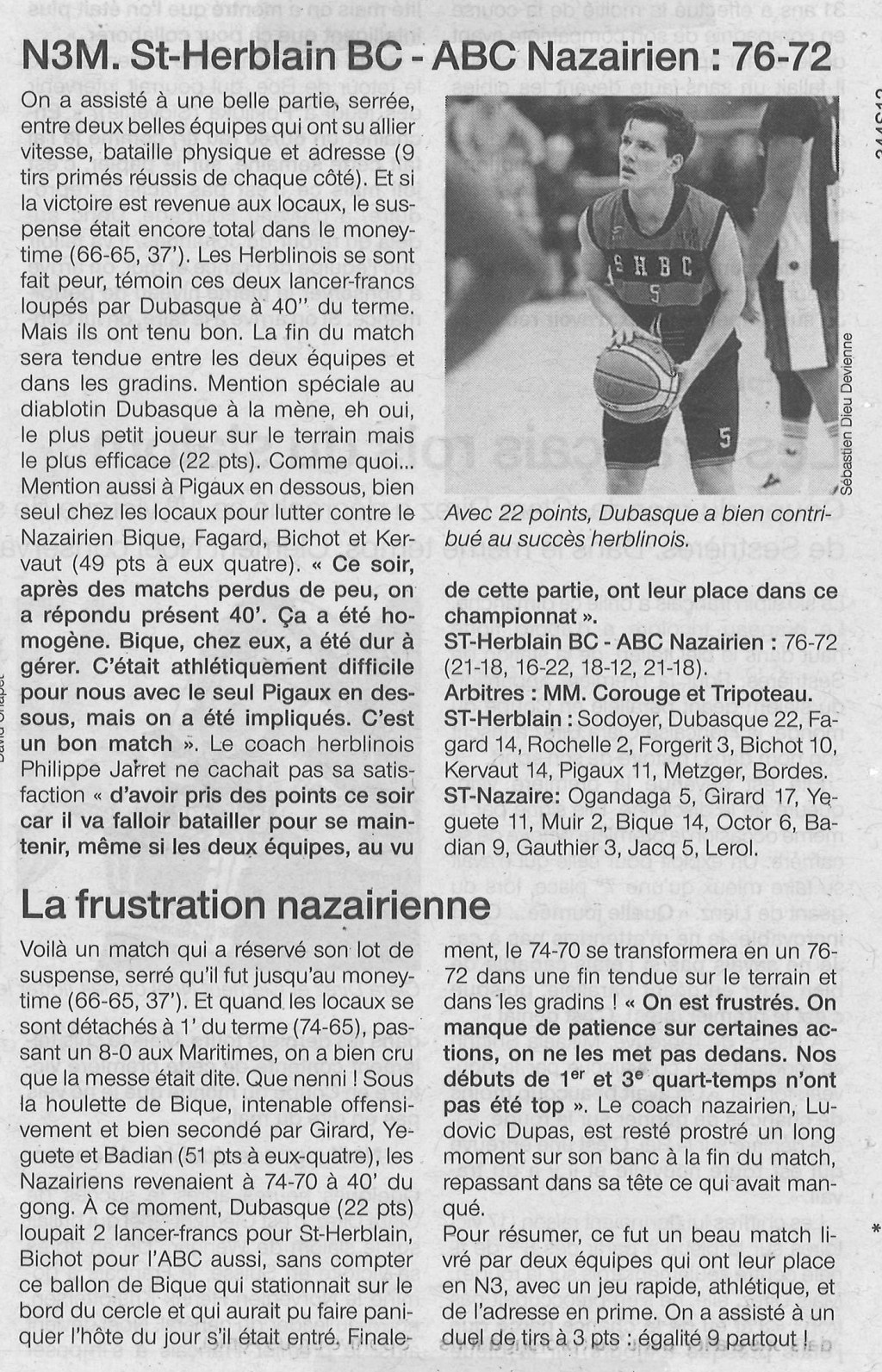 Ouest-France du 20/01/20 : St- Herblain BC – ABC Nazairien :&nbsp;76-72