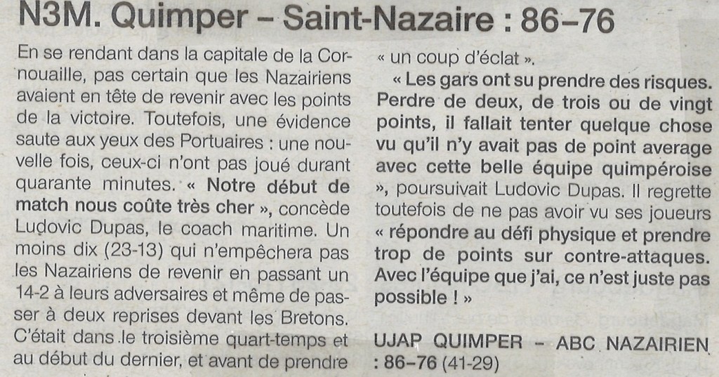 Ouest-France du 02/03/20 : N3M Quimper – Saint Nazaire :&nbsp;86-76