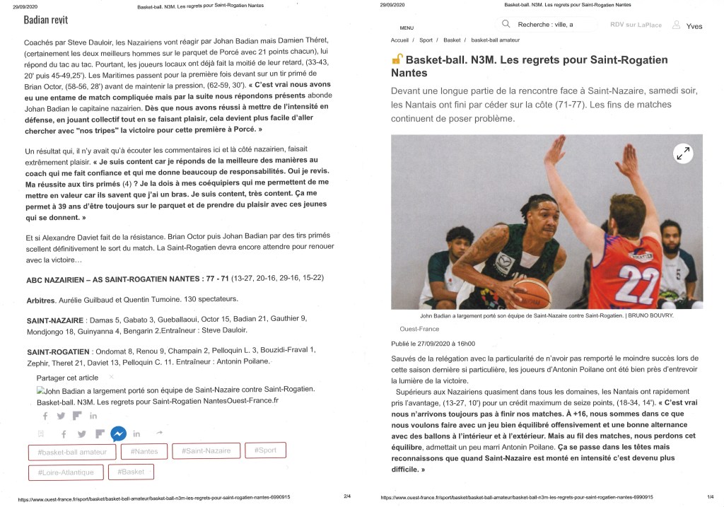 Ouest-France du 27/09/20 : Les regrets pour Saint-Rogatien&nbsp;Nantes